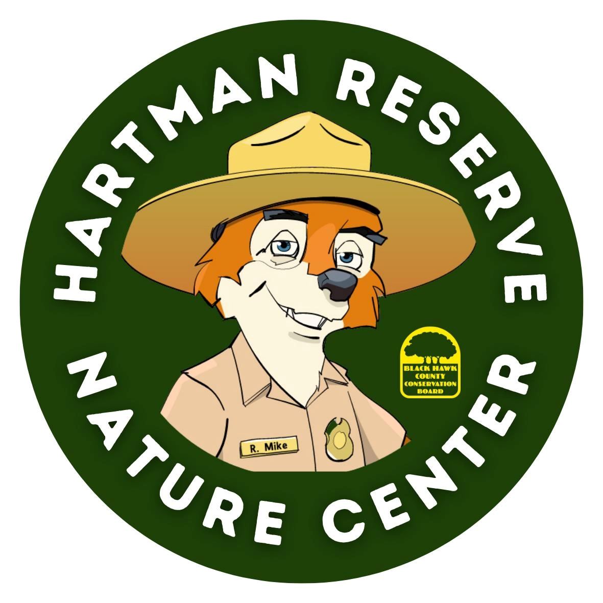 HRNC logo. Ranger Mike icon in green circle. Surrounded by text Hartman Reserve Nature Center.
